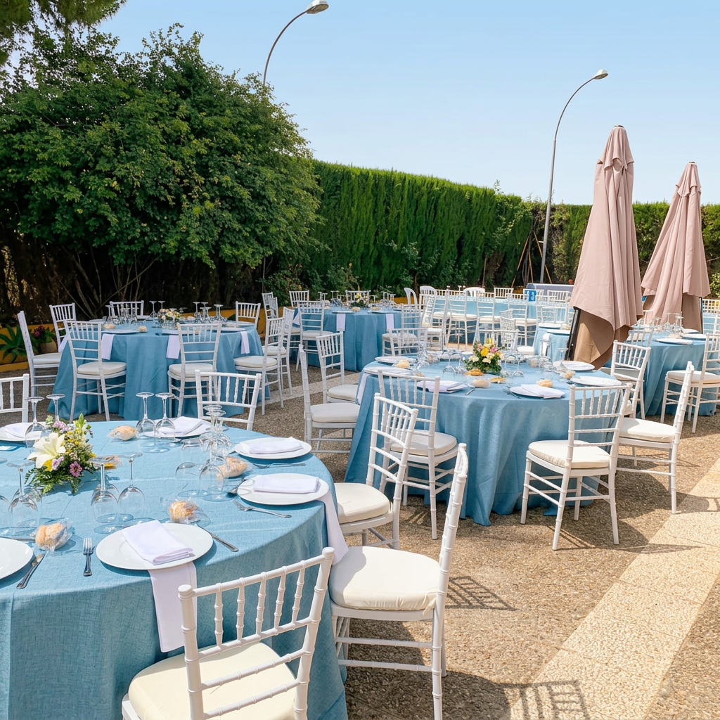 Terraza de celebraciones con mantelería azul